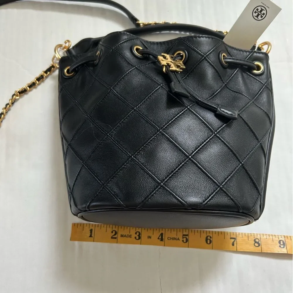 Tory Burch Fleming Black Quilted Soft Leather Bucket Bag NWT